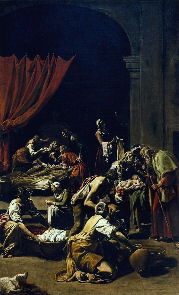 Dipinto a olio raffigurante la nascita della Vergine Maria con scene di vita domestica.